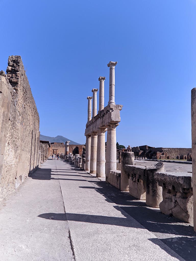 VII.8 Pompeii Forum. April 2022.
Looking north along west side of Forum portico, with Temple of Apollo, on left. Photo courtesy of Giuseppe Ciaramella.
