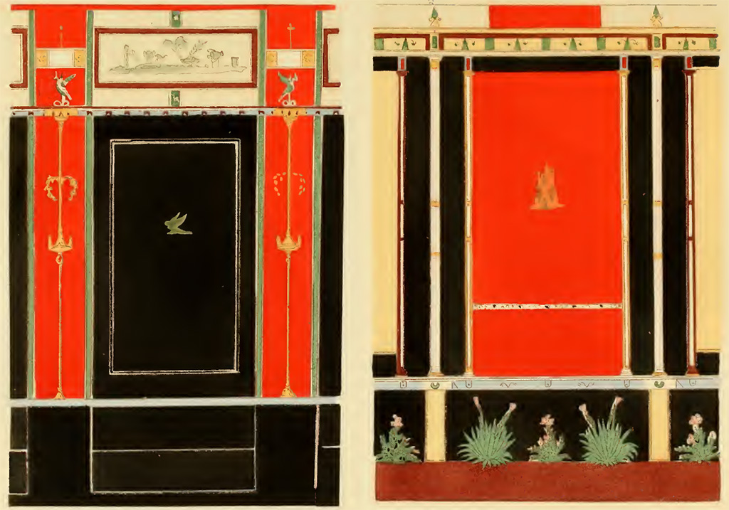 VII.9.67 Pompeii. Painting by Pierre Gusman of wall in Eumachia’s building (aka The Chalcidicum), the east wall next to steps.
The painted panel on the right, could be from the wall on one side of the Broad niche 13/exedra containing the statue of Eumachia, (see drawing by Gell in next part.)
VI. Panneaux de l'édifice d'Eumachie. Style égyptisant.
See Gusman P., 1924. La Décoration Murale de Pompei. Paris : Morancé, pl. VI.