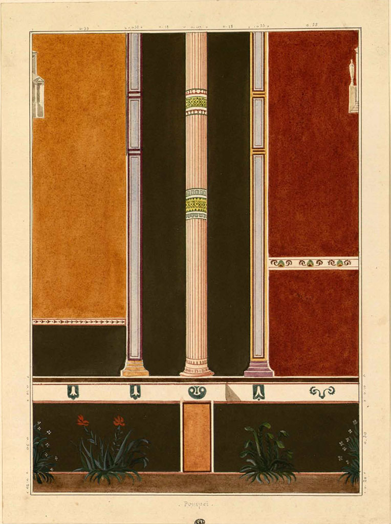 VII.9.1/67 Pompeii. Painting by Duban, between 1823-28, of part of wall in Eumachia’s Building.
See Duban F. Album de dessins d'architecture effectués par Félix Duban pendant son pensionnat à la Villa Medicis, entre 1823 et 1828: Tome 2, Pompéi, pl. 43.
INHA Identifiant numérique NUM PC 40425 (2)
https://bibliotheque-numerique.inha.fr/idurl/1/7157 « Licence Ouverte / Open Licence » Etalab