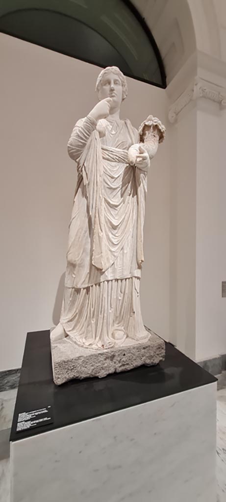 VII.9.1 Pompeii. April 2023.
Draped female statue of Concordia with cornucopia, found on the central pedestal of large central apse 10 in rear wall.
On display in “Campania Romana” gallery in Naples Archaeological Museum, inv. 6262.
Photo courtesy of Giuseppe Ciaramella.
.