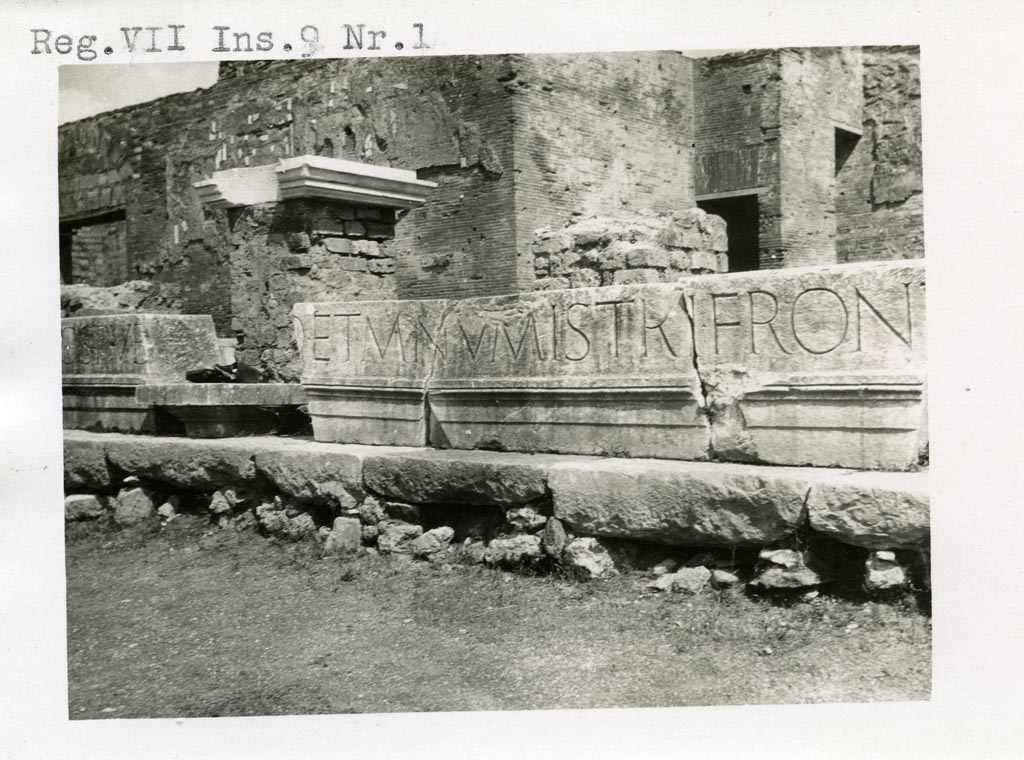 VII.9.1 Pompeii. Pre-1937-39. Eumachia’s Building portico, detail of part of inscription before being raised onto columns.
Photo courtesy of American Academy in Rome, Photographic Archive. Warsher collection no. 1161.