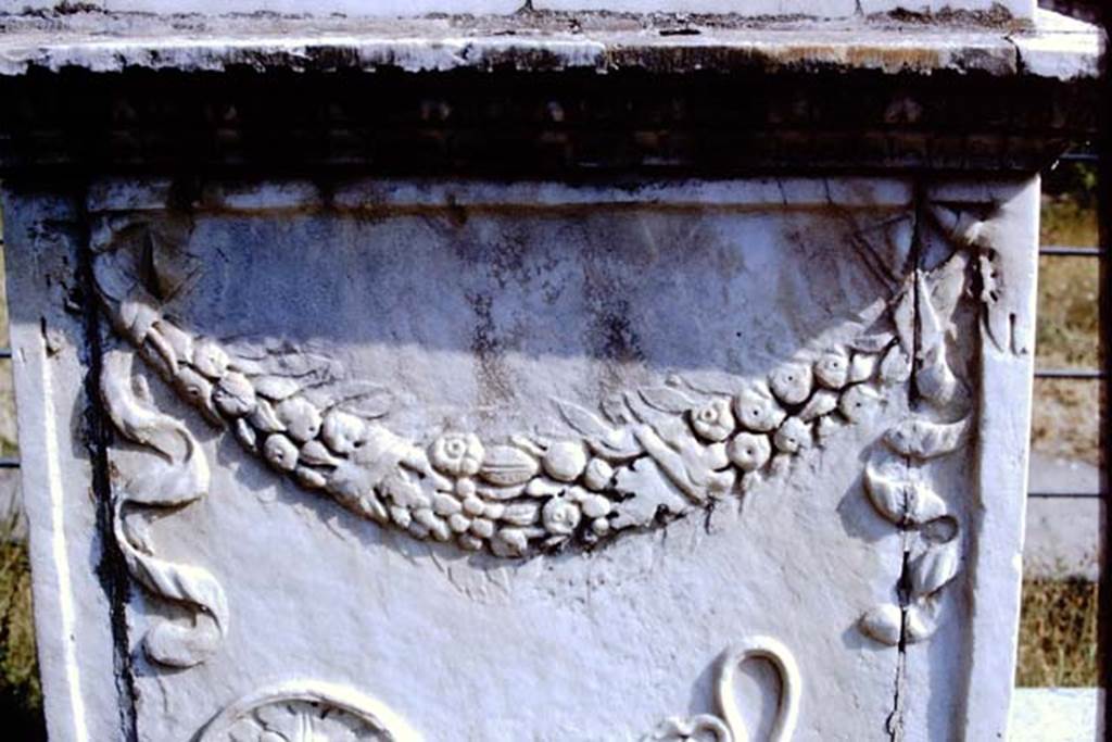 VII.9.2 Pompeii. 1966. Detail from north side of altar. Photo by Stanley A. Jashemski.
Source: The Wilhelmina and Stanley A. Jashemski archive in the University of Maryland Library, Special Collections (See collection page) and made available under the Creative Commons Attribution-Non Commercial License v.4. See Licence and use details.
J66f0242