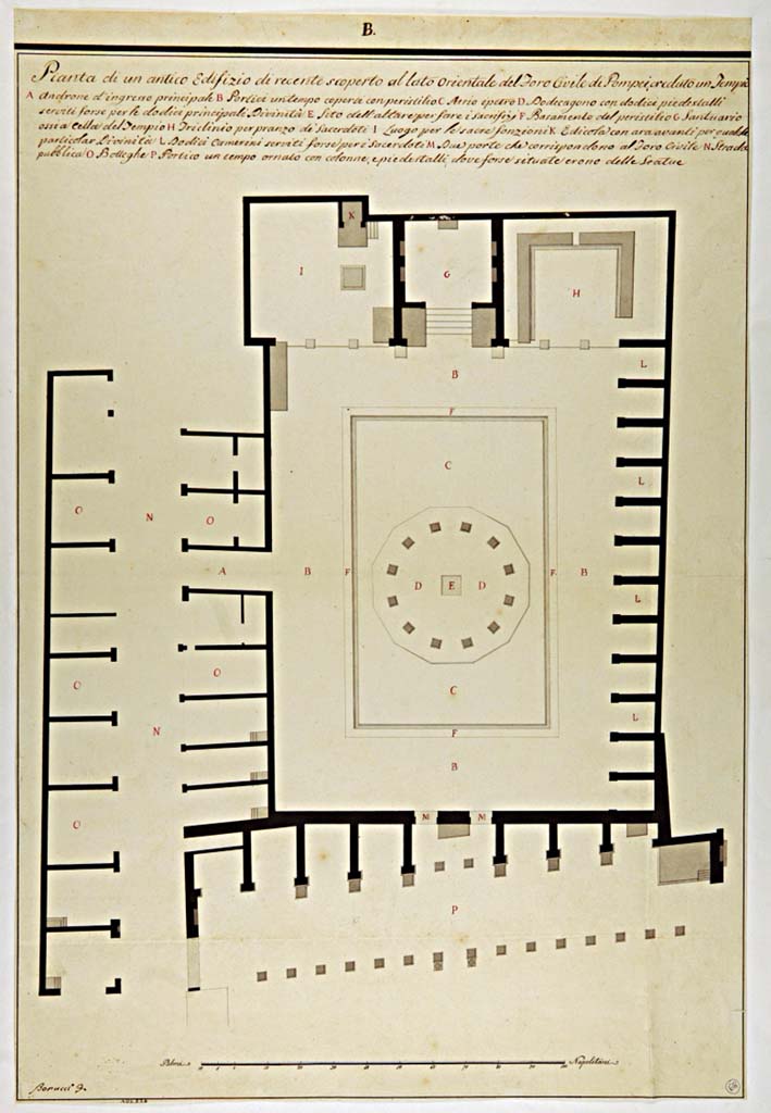 VII.9.7/8 Pompeii. Drawing by Antonio Bonucci, c.1822, of “plan of an ancient building recently excavated on east side of Forum thought to be a Temple”.
The shops and houses of VII.4.15/16 through to VII.4.25 can be seen, on the left.
These are closed at the rear with a continuous straight line, showing perhaps the limit of excavation at the time of this plan.
Now in Naples Archaeological Museum. Inventory number ADS 726.
Photo © ICCD. http://www.catalogo.beniculturali.it
Utilizzabili alle condizioni della licenza Attribuzione - Non commerciale - Condividi allo stesso modo 2.5 Italia (CC BY-NC-SA 2.5 IT)