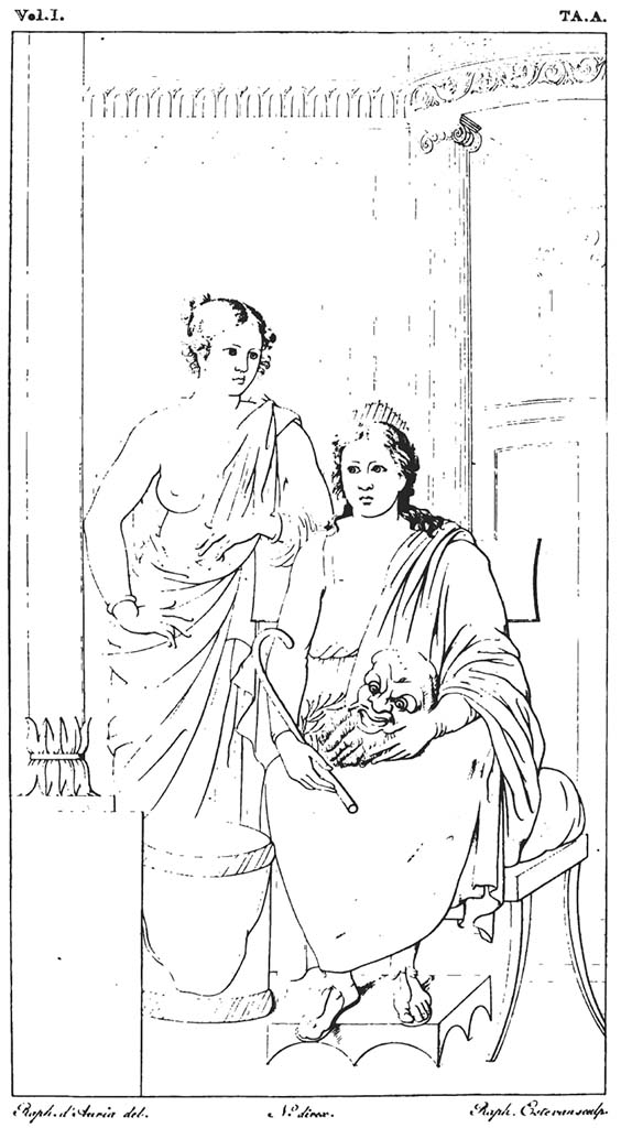 VII.9.7/8 Pompeii. 1824.
Drawing of decoration showing Thalia and a Bacchante from one of the walls surrounding the portico of the Macellum.
According to Bechi, this was from the same (north) wall as the painting of Penelope and Ulysses.
See Real Museo Borbonico, 1824, Vol. I, Tav. A.