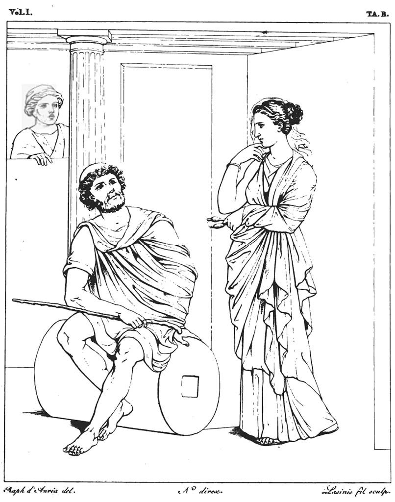 VII.9.7/8 Pompeii. 1824 drawing of painting of Penelope and Ulysses, from north wall.
See Real Museo Borbonico, 1824, Vol. I, Tav. B.
According to PPM –
“Paintings found in the Macellum were – Io and Argus (west wall).
Found on the north wall, from west to east, were –
Ulysses and Penelope
Medea (now completely lost)
Thetis handing out arms to Achilles (now lost)
Phryxus on the ram (now lost) from the middle of a black panel with a wide red border on the east side of the north wall.”
See Carratelli, G. P., 1990-2003. Pompei: Pitture e Mosaici. VII, (7). Roma: Istituto della enciclopedia italiana, p. 335.