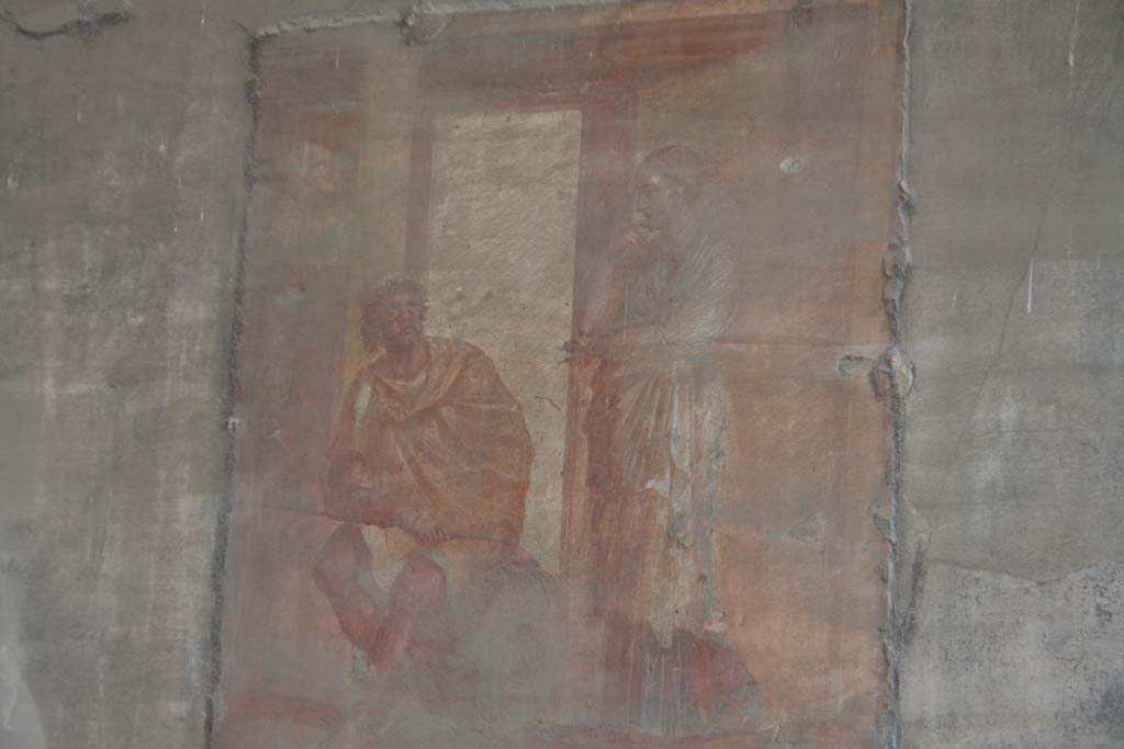 VII.9.7 and VII.9.8 Pompeii. Macellum. April 2011. North wall in north-west corner.
Wall painting of Ulysses relating his adventures to Penelope. Photo courtesy of Klaus Heese.