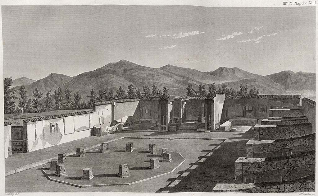 VII.9.7 and VII.9.8 Pompeii. Pre 1829 drawing looking north-east across Macellum.
The north wall, and entrance corridor at VII.9.19, with painted decoration can be seen on the left.
See Mazois, F., 1829. Les Ruines de Pompei : Troisième Partie. Paris : Didot Frères, (Pl. XLII)