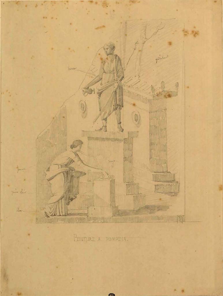 VII.9.7 and VII.9.8 Pompeii. Macellum? Pencil drawing by F. Duban, between 1823 and 1828 - Adoration of statue.
At the bottom is the title "Peinture a Pompeia".
See Duban F. Album de dessins d'architecture effectués par Félix Duban pendant son pensionnat à la Villa Medicis, entre 1823 et 1828: Tome 2, Pompéi, pl. 28.
INHA Identifiant numérique NUM PC 40425 (2)
https://bibliotheque-numerique.inha.fr/idurl/1/7157 « Licence Ouverte / Open Licence » Etalab
According to Guidobaldi and Esposito, this II style fragment of a Sacred Landscape was found in the Herculaneum area,
Now in Naples Archaeological Museum, inventory number 9276.
See Guidobaldi, M.P. and Esposito, D. (2013). Herculaneum, Art of the Buried City, Abbeville Press, USA, (p.127).