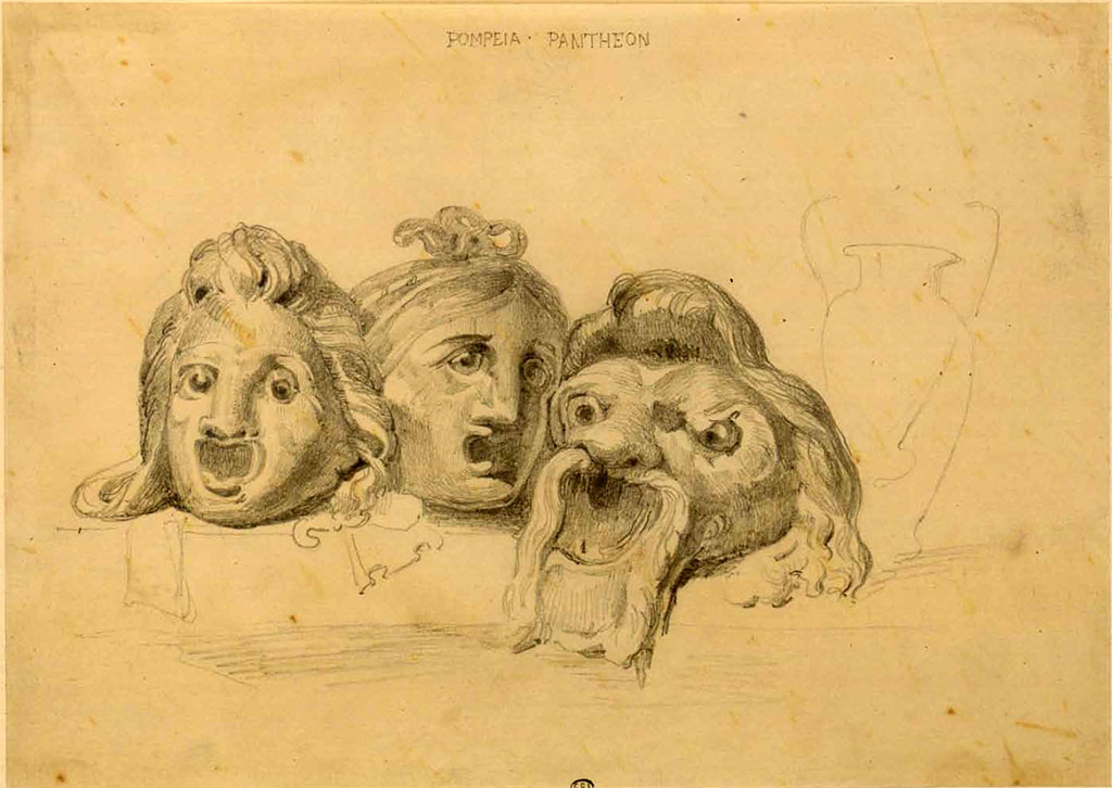 VII.9.7 and VII.9.8 Pompeii. Sketch by F. Duban, dated between 1823 and 1828, "Pompeia, Panthéon [: élément décoratif]"
See Duban F. Album de dessins d'architecture effectués par Félix Duban pendant son pensionnat à la Villa Medicis, entre 1823 et 1828: Tome 2, Pompéi, pl. 67.
INHA Identifiant numérique NUM PC 40425 (2)
https://bibliotheque-numerique.inha.fr/idurl/1/7157  « Licence Ouverte / Open Licence » Etalab
