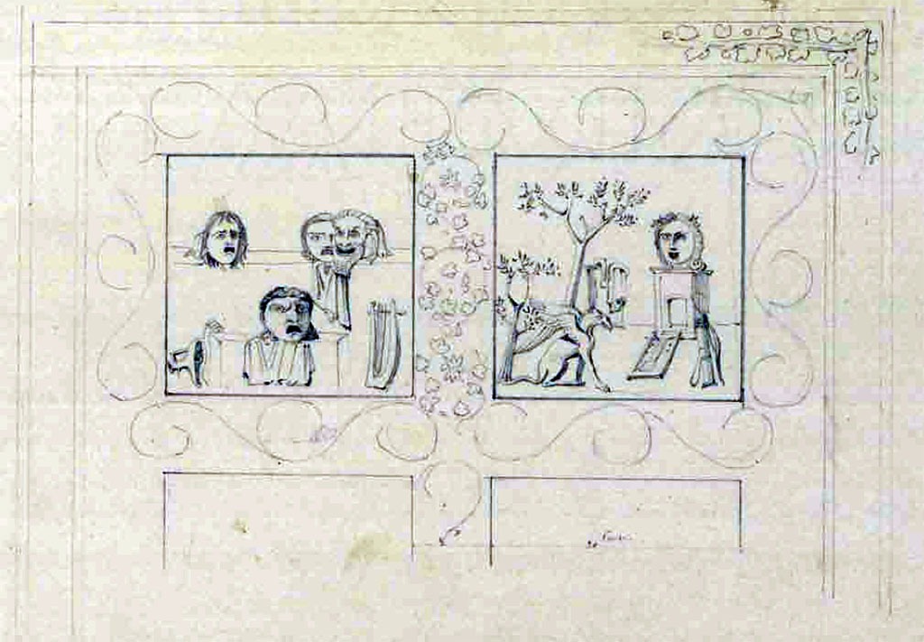 Mystery drawing by Duban.
This drawing by Duban (plate 38) appears in his album between several other plates showing Pompeian items but could be an error.
This mosaic is now in the Vatican Museum where it is said to be from made up from several locations in Hadrian's villa.
See Duban F. Album de dessins d'architecture effectués par Félix Duban pendant son pensionnat à la Villa Medicis, entre 1823 et 1828: Tome 2, Pompéi, pl. 38.
INHA Identifiant numérique NUM PC 40425 (2)
https://bibliotheque-numerique.inha.fr/idurl/1/7157 « Licence Ouverte / Open Licence » Etalab