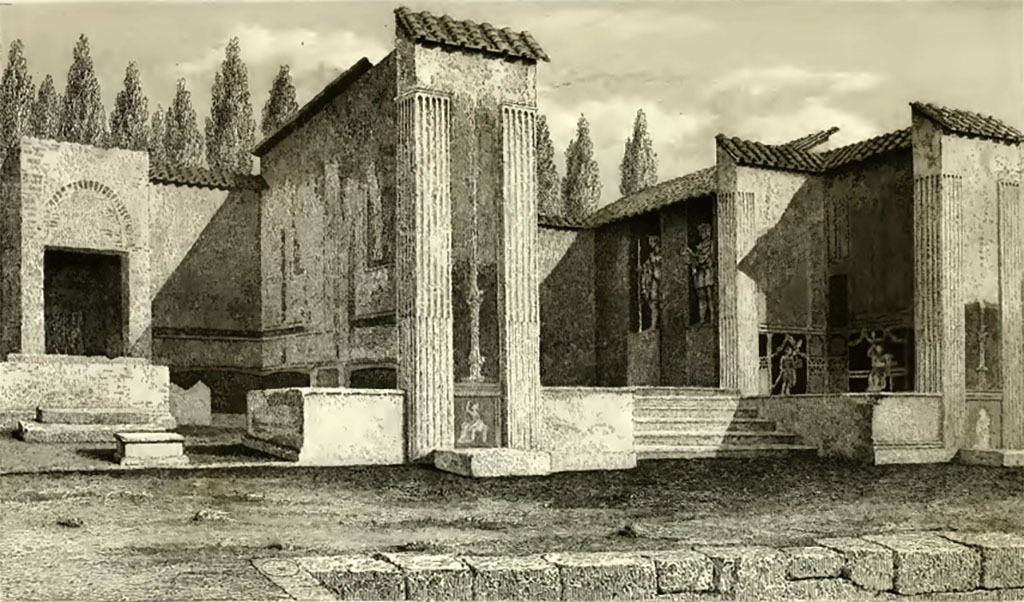 VII.9.7 and VII.9.8 Pompeii. Macellum. 1832 drawing of shrine, on right, and other room in north-east corner.
See Gell, W, 1832. Pompeiana: Vol 1. London: Jennings and Chaplin, p. 64-8, pl. XVIII.