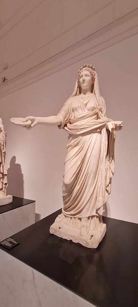 VII.9.7 and VII.9.8 Pompeii. Macellum. April 2023. Statue from shrine.
On display in “Campania Romana” gallery in Naples Archaeological Museum, inv. 6041.
Photo courtesy of Giuseppe Ciaramella.
.VII.9.7 and VII.9.8 Pompeii. Macellum. April 2023. Statue of priestess from shrine.
On display in “Campania Romana” gallery in Naples Archaeological Museum, inv. 6041.
Photo courtesy of Giuseppe Ciaramella.