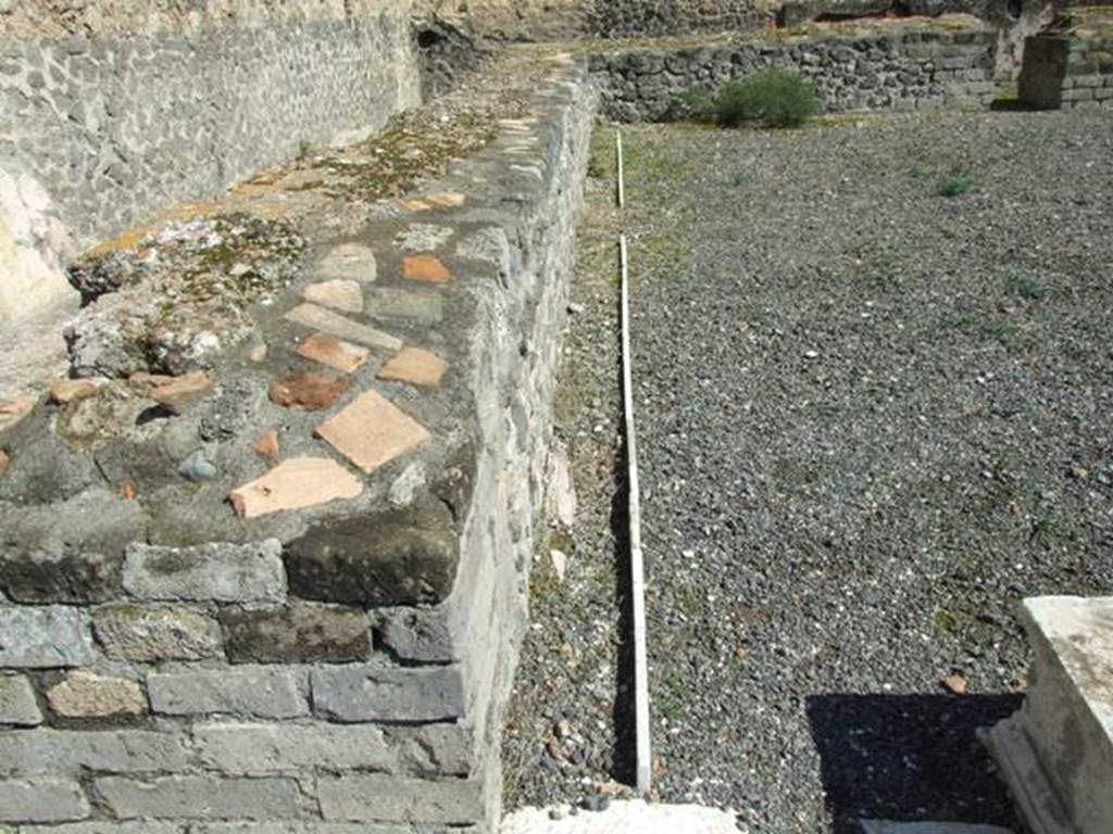 VII.9.7 and VII.9.8 Pompeii. Macellum. March 2009. Large room in south-east corner.
Looking east along the front of counter at north end. A water channel ran round the counter conveying running water.