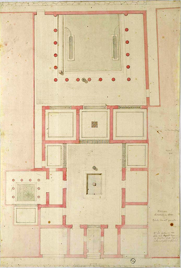 VII.9.47 Pompeii. Plan of house discovered in 1820. Painting by Lesueur "Maison découverte en 1820".
See Lesueur, Jean-Baptiste Ciceron. Voyage en Italie de Jean-Baptiste Ciceron Lesueur (1794-1883), pl. 1.
See Book on INHA reference INHA NUM PC 15469 (04) « Licence Ouverte / Open Licence » Etalab