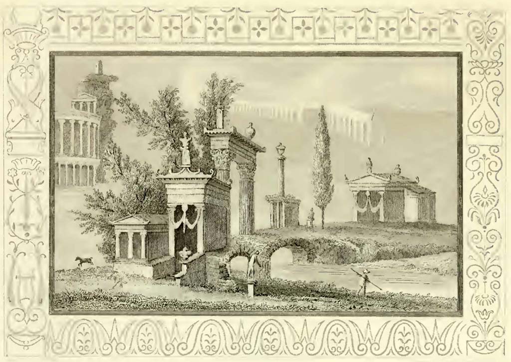 VII.9.47 Pompeii. Drawing by William Gell, according to Gell, this was to be seen on the west wall of atrium.
See Gell, W, 1832. Pompeiana: Vol 1. London: Jennings and Chaplin, (pl. VI, opposite p. 8).