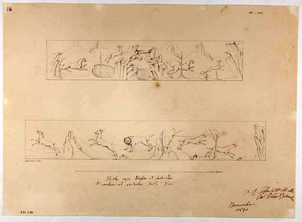 VII.10.3 Pompeii. Drawing by Giuseppe Abbate, 1840, of copy of paintings seen on zoccolo in atrium showing hunt of the wild beasts.
Now in Naples Archaeological Museum. Inventory number ADS 739.
Photo © ICCD. http://www.catalogo.beniculturali.it
Utilizzabili alle condizioni della licenza Attribuzione - Non commerciale - Condividi allo stesso modo 2.5 Italia (CC BY-NC-SA 2.5 IT)