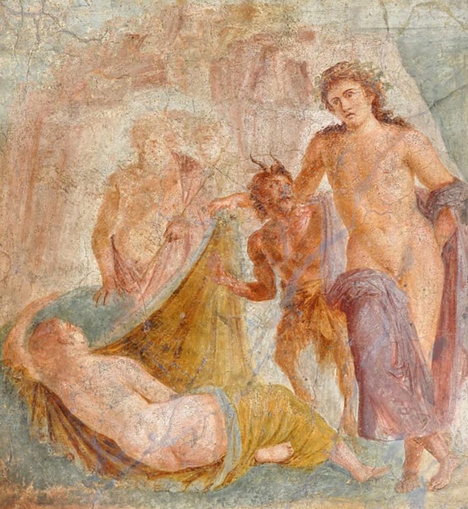 VII.10.3 Pompeii. Room 7, tablinum, centre of south wall. Wall painting of Dionysus finding Ariadne.
Now in Naples Archaeological Museum. Inventory number 111484.
Our thanks to Rachel Lowder for helping with this.