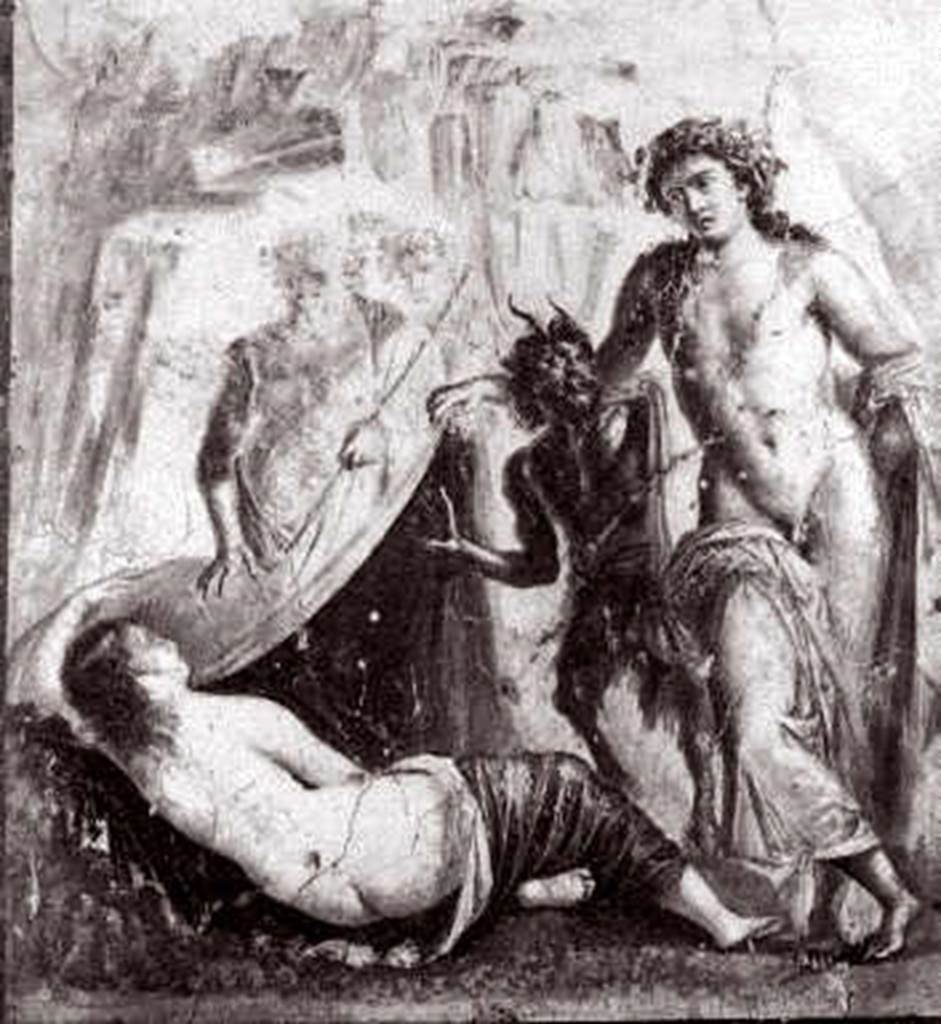 VII.10.3 Pompeii. Old photo of 1880. Room 7, tablinum, centre of south wall. Wall painting of Dionysus finding Ariadne.
Now in Naples Archaeological Museum. Inventory number 111484.
See Schefold, K., 1962. Vergessenes Pompeji. Bern: Francke. (p.142,166 and photo 167,2).
Kuivalainen describes –
“A composition of six figures. In the left foreground a sleeping female callipyge is reclining on a green pillow to the left. A tall youth on the right stands with his weight on his left leg; his purple cloak covers his right thigh, goes round his waist and up to his left forearm; his brownish curly hair is decorated with a wreath; he looks down at the female intensively, lifting her yellow cloak with a red lining with his right hand. On his right side stands a small faun with hoofs, wearing a loincloth; his hair is short and curly with long horns pointing backwards; he points with his hand at the sleeping woman and watches the youth, Behind, on the left, stands Silenus wearing a red cloak, and holding a stick or a thyrsus in his left hand. Behind him are the heads of two more figures. In the upper background a rocky seascape with a ship in full sail.”
Kuivalainen comments -
“A tight composition on the seashore, with a limited amount of companions, and now without Hypnus.”
See Kuivalainen, I., 2021. The Portrayal of Pompeian Bacchus. Commentationes Humanarum Litterarum 140. Helsinki: Finnish Society of Sciences and Letters, p.150, E12.