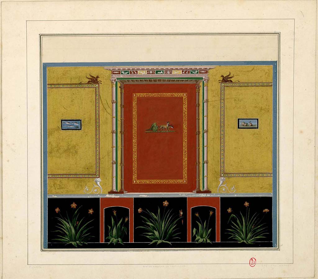 VII.10.3 Pompeii. Room 12, wall of room as painted by Charles-Auguste Questel, between 1831 and 1832.
See Charles-Auguste Questel (1807-1888) Voyage en Italie et Sicile. Août 1831 - novembre 1832, pl. 110/120.
INHA identifiant numérique : NUM MS 512. Document placé sous « Licence Ouverte / Open Licence » Etalab