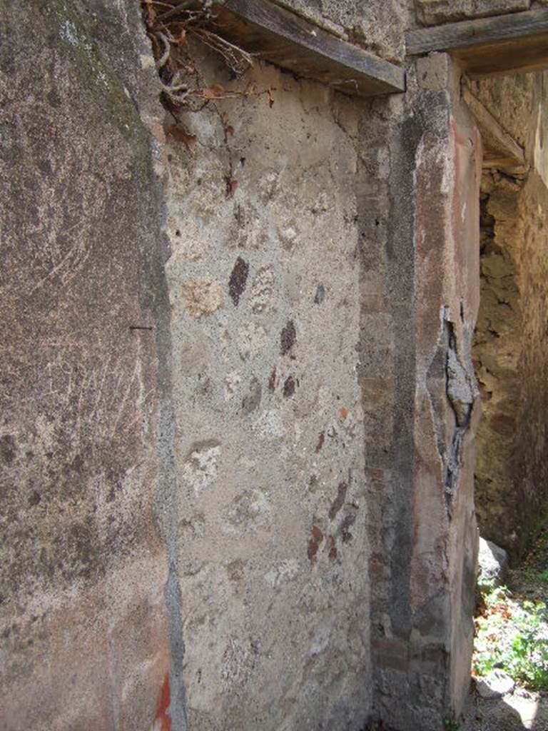 VII.10.3 Pompeii. December 2005. Garden 13, south-west corner of peristyle, with blocked doorway leading to VII.10.14. According to Jashemski, steps led from the peristyle to a large garden, which was excavated in 1863, with a separate entrance at number 14.
See Jashemski, W. F., 1993. The Gardens of Pompeii, Volume II: Appendices. New York: Caratzas. (p.191)
According to Amoroso, on the south-west side of the peristyle was the possible entrance to the large garden (see VII.10.14), which was characterised by the presence of a basin covered in cocciopesto (opus signinum) towards the extreme north-west corner, and with a lararium with an altar in front, in the south-east corner.
Studi della Soprintendenza archeologica di Pompei, 22: l”Insula VII, 10 di Pompei, by Angelo Amoroso, (p.29)
The doorway from the peristyle to corridor 8 leading to the atrium, can be seen on the right above. A doorway to room 17 is on the left in the corridor, after the blocked doorway. According to Fiorelli, this doorway led to wooden stairs that would have gone up to the upper rooms.
See Pappalardo, U., 2001. La Descrizione di Pompei per Giuseppe Fiorelli (1875). Napoli: Massa Editore. (p.108)
According to Amoroso, room 17 was possibly a small storeroom with a window in its east wall, which took light from the garden area. It had two doorways, one north into the corridor that can be seen above, on the right. The other doorway led west into another corridor leading south into the kitchen area. On the south side of the kitchen area was the access to Vicolo degli Scheletri. On the west of the kitchen was another room, room 22, which was possibly another small storeroom .
Studi della Soprintendenza archeologica di Pompei, 22: l”Insula VII, 10 di Pompei, by Angelo Amoroso, (p.55)