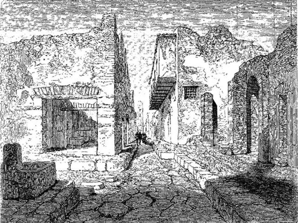 VII.10.10 Pompeii. 1864. Looking west along Vicolo del Balcone Pensile with shop VII.10.10 on left.
Drawn in 1864 by M. Duclère, woodcut by Thérond.
See Le Tour du Monde 1864, p. 392.