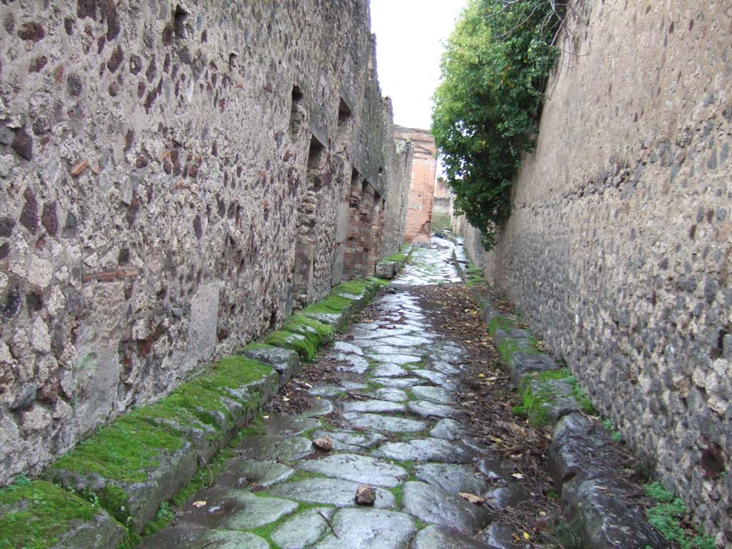 VII.13 Pompeii, on left. December 2005. Vicolo degli Scheletri looking west. Side wall of VII.10.14, on right.