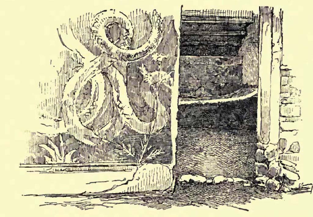 VII.11.12 Pompeii. c.1900. Looking towards entrance doorway to cella meretricia.
On the left, south side, is part of the street shrine painted on the wall.
See Gusman, P. (1900). Pompei, the city, its life and art. (p.228)