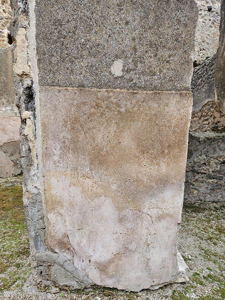 VII.11.11/14 Pompeii. November 2024.
Room 8, east side of atrium, detail of stucco on zoccolo at south end between doorways to rooms 12 and 13.
Photo courtesy of Annette Haug.