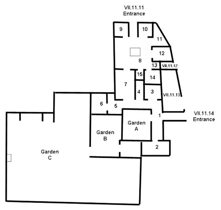 VII.11.11.14 plan VII.11.11/14 Pompeii. Hospitium Christianorum
Combined Room Plan