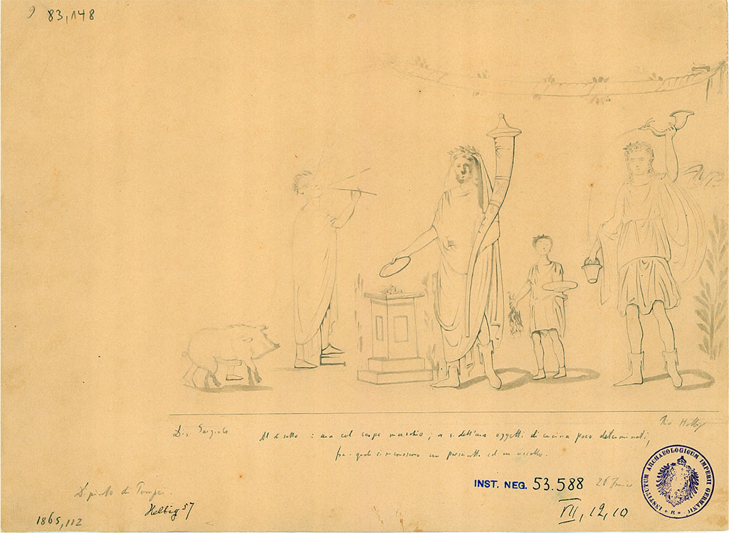 VII.12.10 Pompeii. 1865 drawing by Gargiulo of lararium painting found April 1863 on the west wall of the kitchen above the hearth.
The note on the drawing says:
Al di sotto: ara col serpe maschio; a s. dell'ara oggetti di cucina poco determinati, fra i quali si riconoscono un prosciutto ed un uccello.
Below: altar with male snake; to the side of the altar not very determined kitchen objects, among which we recognize a ham and a bird.
DAIR 83.148. Photo © Deutsches Archäologisches Institut, Abteilung Rom, Arkiv.
According to Fröhlich, this drawing showed the upper zone.
According to Boyce, it depicted the usual sacrificial scene of the Genius assisted by the tibicen, popa and camillus.
The entire left side of the panel was missing.
Of the popa only one foot remained.
On each side of the central group was a Lar, of whom only the one on the right remained.
The Lar and the Genius were of the same stature.
See Boyce G. K., 1937. Corpus of the Lararia of Pompeii. Rome: MAAR 14. (p.70, no.314)
In the lower zone was a single male serpent beside an altar.
On the other side of the same altar various objects associated with the kitchen were shown.
Amongst them an eel, two hams and a bird could be distinguished.
See Fröhlich, T., 1991. Lararien und Fassadenbilder in den Vesuvstädten. Mainz: von Zabern. (L.90, Taf. 44,2)
According to BdI, 1864, the painting visible in the kitchen was found in April of the last year, and was described by Reifferscheid in AdI, 1863, p.123 item T.
There was nothing to add other than the material that covered the chest of the Lares was blue, red that wrapped around the legs, falling to green, and white cloak.
The left part of the painting was fallen and lost. The height of the painting was around I.32m.
See Bullettino dell’Instituto di Corrispondenza Archeologica (DAIR), 1864, p.115 (described as Casa III).