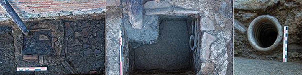 Fig. 57 – Pompéi, boulangerie VII 2, 11 – Bassin de réception des eaux météoriques en cours de nettoyage (à g.) et à l’achèvement de celui-ci (au centre ; vues de l’est).
À droite, détail de la canalisation d’évacuation (vue du nord).
Clichés : S. Aho – EFR.