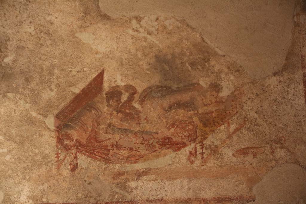 VII.12.18 Pompeii. April 2014. Painted erotic wall fresco on frieze. Photo courtesy of Klaus Heese.