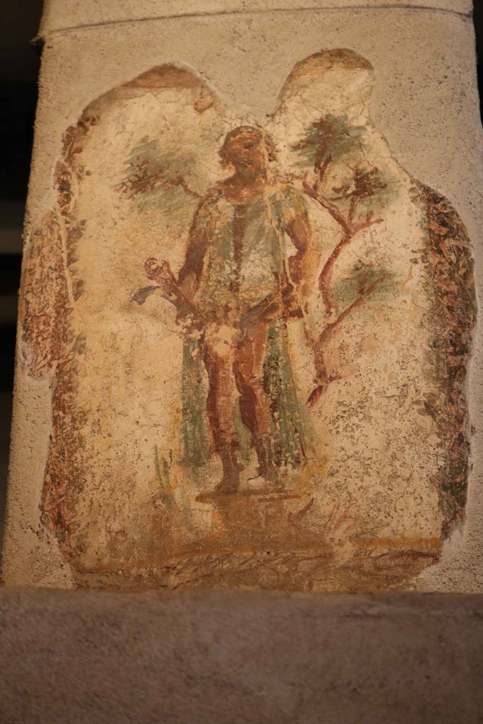 VII.12.18, Pompeii. December 2018.
Wall painting of Priapus in front of a fig tree, with double phallus, from the upper frieze in the middle of the north wall.
Photo courtesy of Aude Durand.