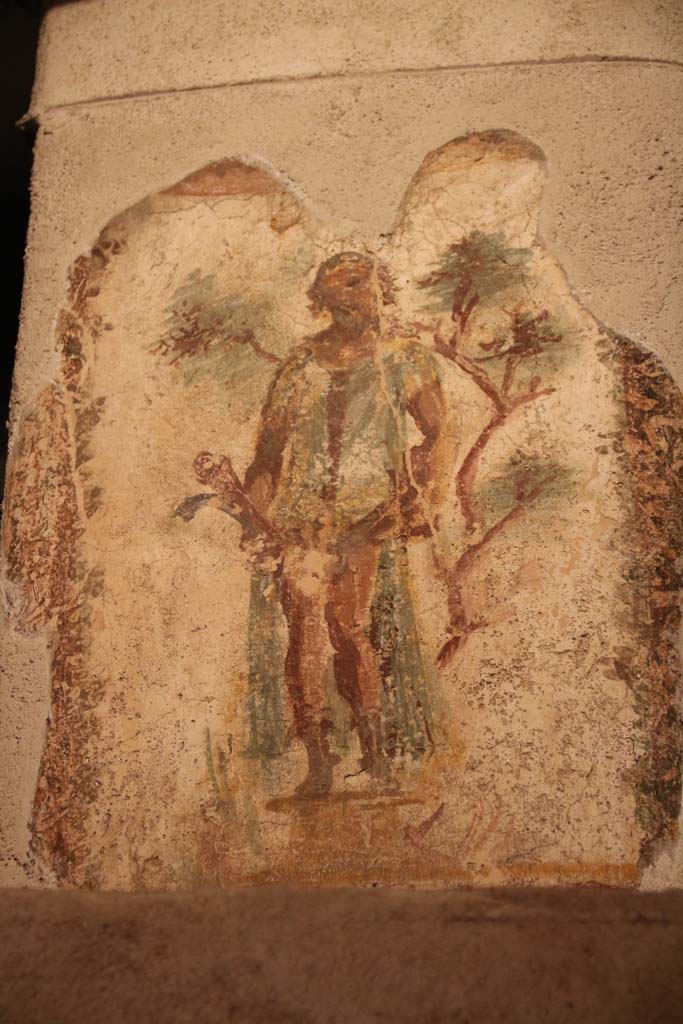 VII.12.18 Pompeii. April 2014.
Wall painting of Priapus in front of a fig tree, with double phallus, from the upper frieze in the middle of the north wall.
Photo courtesy of Klaus Heese.