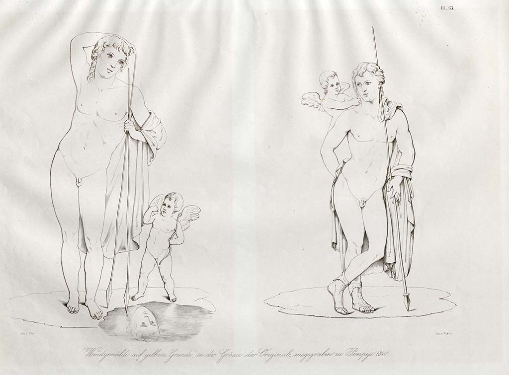 VII.13.4 Pompeii. Pre-1852. Drawings by Zahn of two figures, both on a yellow background, from the cubiculum.
On the left, Narcissus with two lances or javelins, looking at his reflection. Narcissus with a violet mantle, the cupid with blue wings.
On the right, a young man with a cupid on his shoulder, also with a lance. Perhaps this could be Adonis. He had a green mantle with blue embroidery, the wings of the cupid were violet.
See Zahn, W., 1852-59. Die sch�nsten Ornamente und merkw�rdigsten Gem�lde aus Pompeji, Herkulanum und Stabiae: III. Berlin: Reimer, taf. 63.
