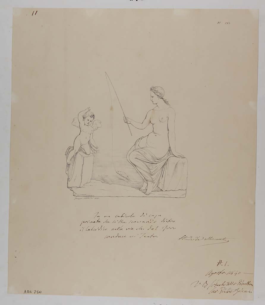 VII.13.4 Pompeii. Drawing by Giuseppe Abbate, 1840, of a painting of fishing Venus and a cupid, from a cubiculum.
This design had been done during the excavation; La Volpe made the similar drawing 20 years later, see below. 
See Helbig, W., 1868. Wandgem�lde der vom Vesuv versch�tteten St�dte Campaniens. Leipzig: Breitkopf und H�rtel, (352).
Now in Naples Archaeological Museum. Inventory number ADS 750.
Photo � ICCD. http://www.catalogo.beniculturali.it
Utilizzabili alle condizioni della licenza Attribuzione - Non commerciale - Condividi allo stesso modo 2.5 Italia (CC BY-NC-SA 2.5 IT)
