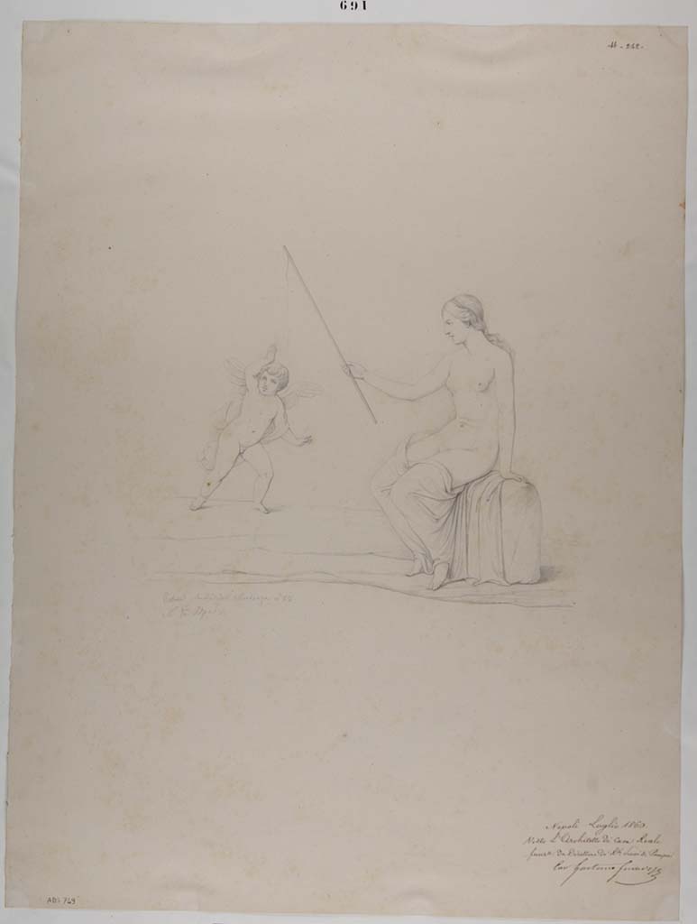 VII.13.4 Pompeii. Drawing by Nicola La Volpe, c.1860, of painting of Venus �pescatrice�, from cubiculum.
Now in Naples Archaeological Museum. Inventory number ADS 749.
Photo � ICCD. http://www.catalogo.beniculturali.it
Utilizzabili alle condizioni della licenza Attribuzione - Non commerciale - Condividi allo stesso modo 2.5 Italia (CC BY-NC-SA 2.5 IT)
