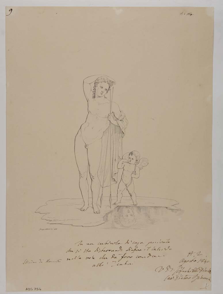 VII.13.4 Pompeii. Drawing by Giuseppe Abbate, 1840, of a painting of Narcissus with a cupid, from cubiculum.
See Helbig, W., 1868. Wandgem�lde der vom Vesuv versch�tteten St�dte Campaniens. Leipzig: Breitkopf und H�rtel, (1350).
Now in Naples Archaeological Museum. Inventory number ADS 754.
Photo � ICCD. http://www.catalogo.beniculturali.it
Utilizzabili alle condizioni della licenza Attribuzione - Non commerciale - Condividi allo stesso modo 2.5 Italia (CC BY-NC-SA 2.5 IT)
