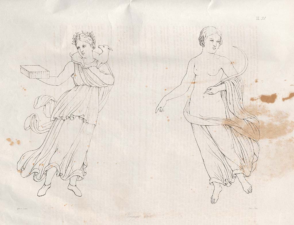 VII.13.4 Pompeii. 1840. 
Drawing by Zahn provenanced from an excavation in the Strada de� Mercadanti in a house near to the Calcidicum, opposite Casa del Cignale. According to Zahn, these are drawings of Spring and Summer from the oecus/cubiculum in this house, and from which it gained one of its names, Casa delle Quattro Stagioni.  
See Zahn, W., 1842-44. Die sch�nsten Ornamente und merkw�rdigsten Gem�lde aus Pompeji, Herkulanum und Stabiae: II. Berlin: Reimer, taf. 21. 
