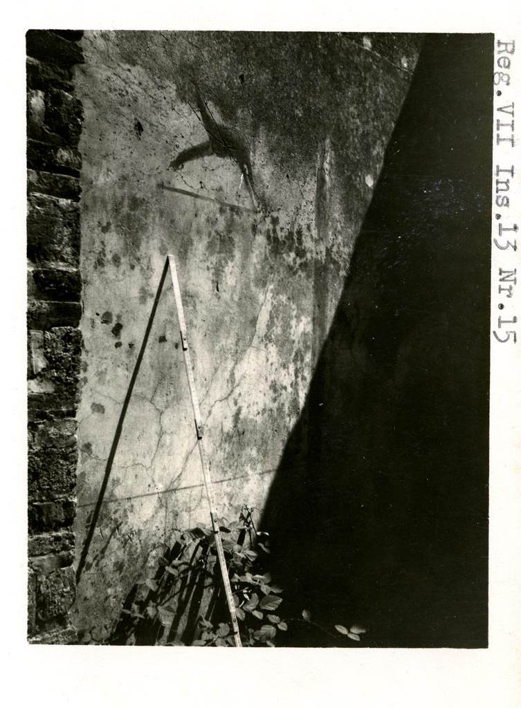 Mystery photo. Warsher numbered this as VII.13.15 – judging by the edge of the brick doorway – it may be –
VII.13.16 Pompeii. Pre-1937-39. Looking towards remaining decorated south wall at side of entrance doorway.
Photo courtesy of American Academy in Rome, Photographic Archive. Warsher collection no. 1642.