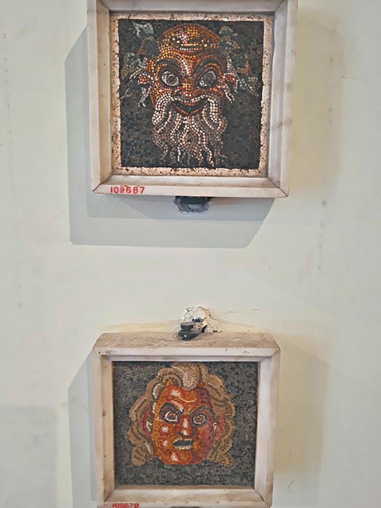 VII.13.23 Pompeii. September 2024.
Mosaic masks, now in Naples Archaeological Museum. Photo courtesy of Giuseppe Ciaramella.
According to the Giornale, in this location were found two beautiful masks in mosaic embedded above two stones of marble.
See Fiorelli G., 1864. Pompeianarum antiquitatum historia, Vol. 3: Naples, p. 30, dated 17th November 1821.