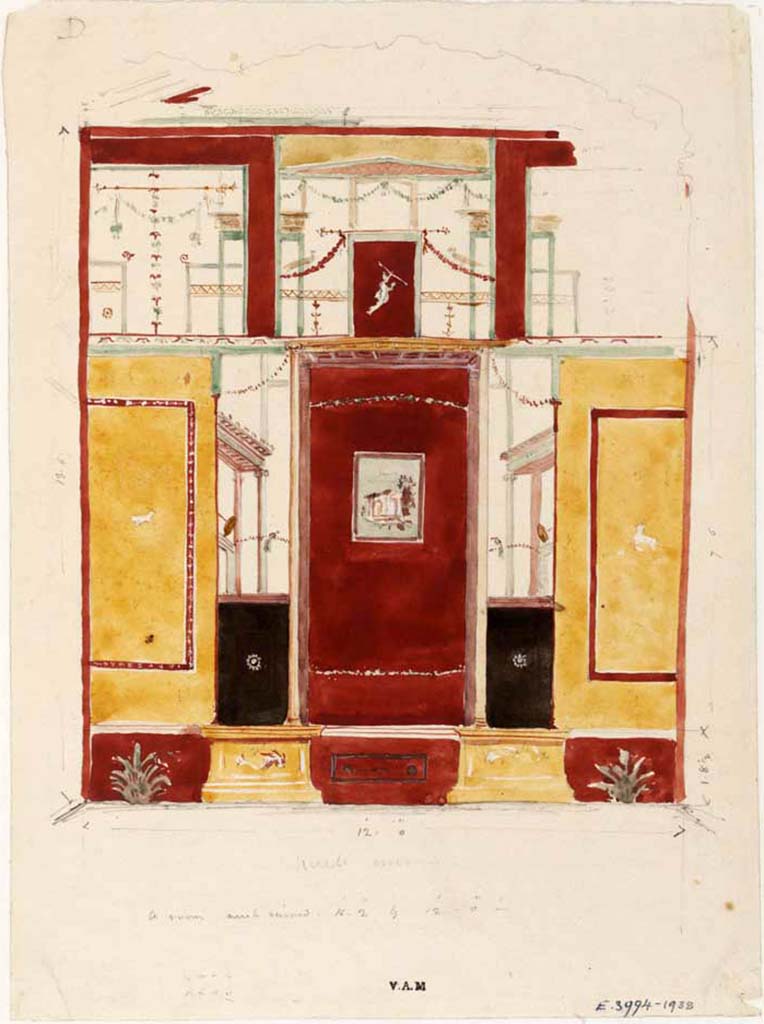 VII.14.5 Pompeii. c.1840. Room 2, north wall, 12 ft wide.
Painting by James William Wild described by him as “a room much ruined. 16ft 2” by 12 ft 0”.
In the central panel, the painting would appear to be a temple.
Photo © Victoria and Albert Museum, inventory number E.3994-1938.