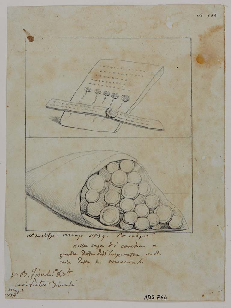 VII.14.5 Pompeii. Drawing by Nicola La Volpe, March 1839, of painting seen on south wall of ala.
The painting showed a letter closed by five seals and a sack of money.
See Helbig, W., 1868. Wandgemälde der vom Vesuv verschütteten Städte Campaniens. Leipzig: Breitkopf und Härtel, (1727).
Now in Naples Archaeological Museum. Inventory number ADS 764.
Photo © ICCD. http://www.catalogo.beniculturali.it
Utilizzabili alle condizioni della licenza Attribuzione - Non commerciale - Condividi allo stesso modo 2.5 Italia (CC BY-NC-SA 2.5 IT)