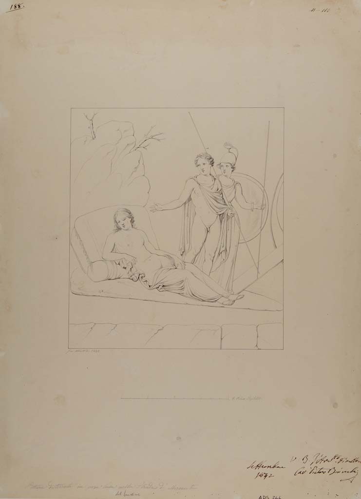 VII.14.5 Pompeii. Drawing by Giuseppe Abbate, 1842, of painting showing Theseus and Ariadne.
This painting was left in situ in room 12 and has now completely disappeared.
See Helbig, W., 1868. Wandgemälde der vom Vesuv verschütteten Städte Campaniens. Leipzig: Breitkopf und Härtel, (1221).
Now in Naples Archaeological Museum. Inventory number ADS 766.
Photo © ICCD. http://www.catalogo.beniculturali.it
Utilizzabili alle condizioni della licenza Attribuzione - Non commerciale - Condividi allo stesso modo 2.5 Italia (CC BY-NC-SA 2.5 IT)