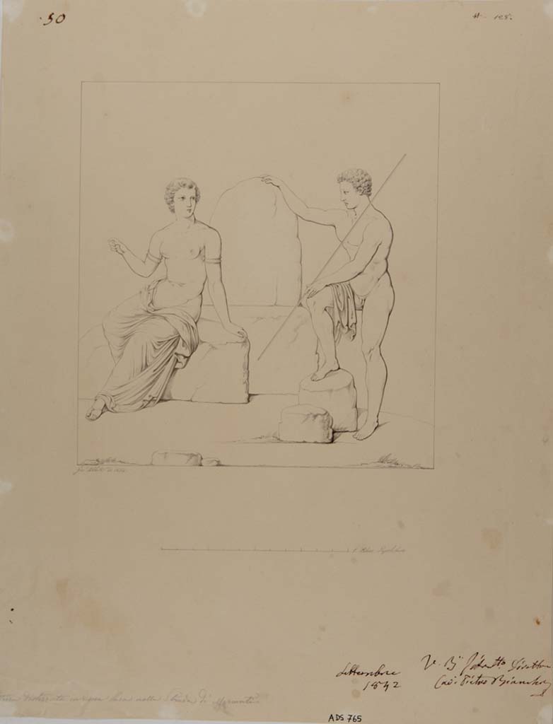 VII.14.5 Pompeii. Drawing by Giuseppe Abbate, 1842, of painting showing Io and Argo.
This painting was left in situ in room 12 and has now completely disappeared.
See Helbig, W., 1868. Wandgemälde der vom Vesuv verschütteten Städte Campaniens. Leipzig: Breitkopf und Härtel, (134).
Now in Naples Archaeological Museum. Inventory number ADS 765.
Photo © ICCD. http://www.catalogo.beniculturali.it
Utilizzabili alle condizioni della licenza Attribuzione - Non commerciale - Condividi allo stesso modo 2.5 Italia (CC BY-NC-SA 2.5 IT)