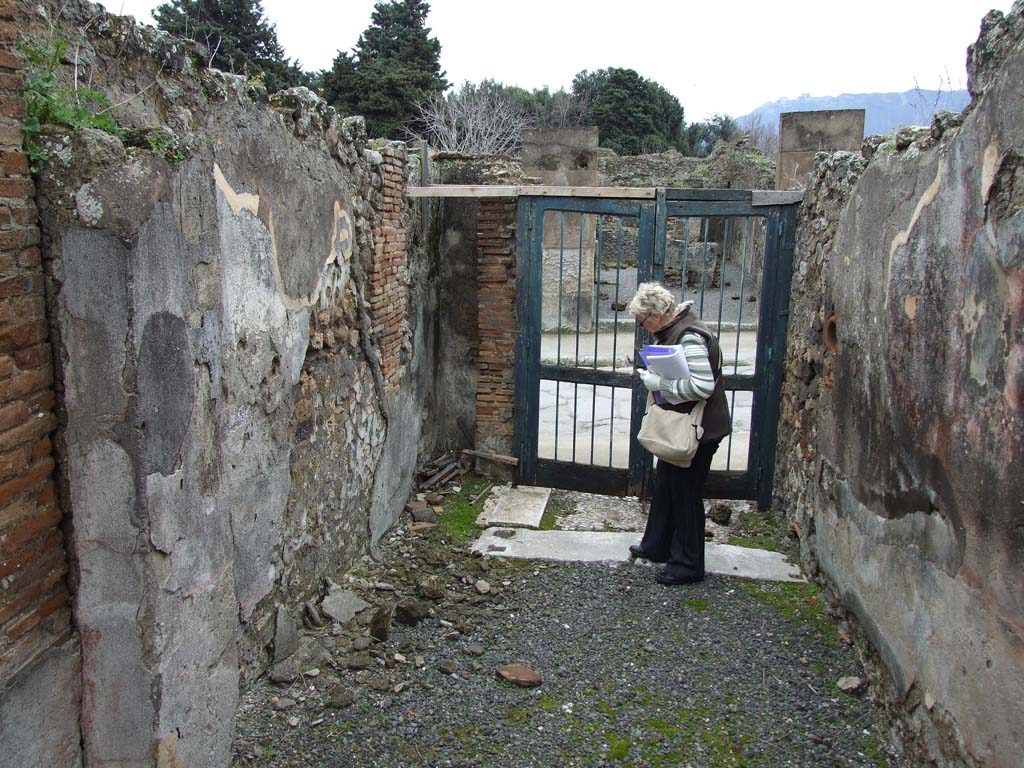 VII.14.5 Pompeii. March 2009. Vestibule, looking south to entrance.
According to Fiorelli –
(No.5). Next to it is a house, which, having the entrance corridor preceded by a vestibule, had at the commencement of it two doors, one in front ordinarily closed, the other smaller and on one side, which served the continuous use of the inhabitants.
Being on a level higher than the street, the house had the entrance corridor interrupted by two steps ascending towards the atrium, which was Tuscan and equipped with a marble puteal, in which the lack of decorative pods is rather notable.
(5. Appresso sta una casa, che avendo il protiro preceduto da vestibolo, teneva al cominciamento di esso due porte, una di fronte ordinariamente chiusa, l’altra minore e da un lato, che inserviva agli usi continui degli abitanti.
Trovandosi in un livello superiore alla strada, essa aveva il protiro interrotto da due gradini ascendente verso l’atrio, ch’era tuscanico e fornito di puteale marmorea, in cui la mancanza di baccellature è assai notevole.)
See Fiorelli, G., 1875. Descrizione di Pompei. Napoli, (p.300-301).
