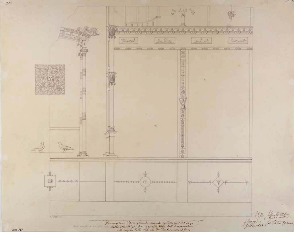 VII.14.9 Pompeii. Room 13, part of east wall of triclinium.
Drawing by Giuseppe Abbate, 1841, showing decoration of a wall found at the end of 1840.
The central painting (seen on the left), showing the head of a Maenad looking out between foliage and bunches of grapes, was part of III Style decoration of this room.
The painting was detached and sent to Naples Museum (inv.no. 9798) at the end of March 1841 (PAH, II, p.394).
See Helbig, W., 1868. Wandgemälde der vom Vesuv verschütteten Städte Campaniens. Leipzig: Breitkopf und Härtel, (383).
Now in Naples Archaeological Museum. Inventory number ADS 767.
Photo © ICCD. https://www.catalogo.beniculturali.it/
Utilizzabili alle condizioni della licenza Attribuzione - Non commerciale - Condividi allo stesso modo 2.5 Italia (CC BY-NC-SA 2.5 IT)