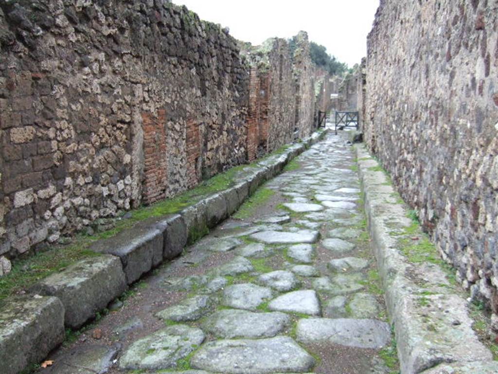 VII.14.17 Pompeii. December 2005. Side wall (on left) in Vicolo della Maschera, looking south. VII.13 on right.