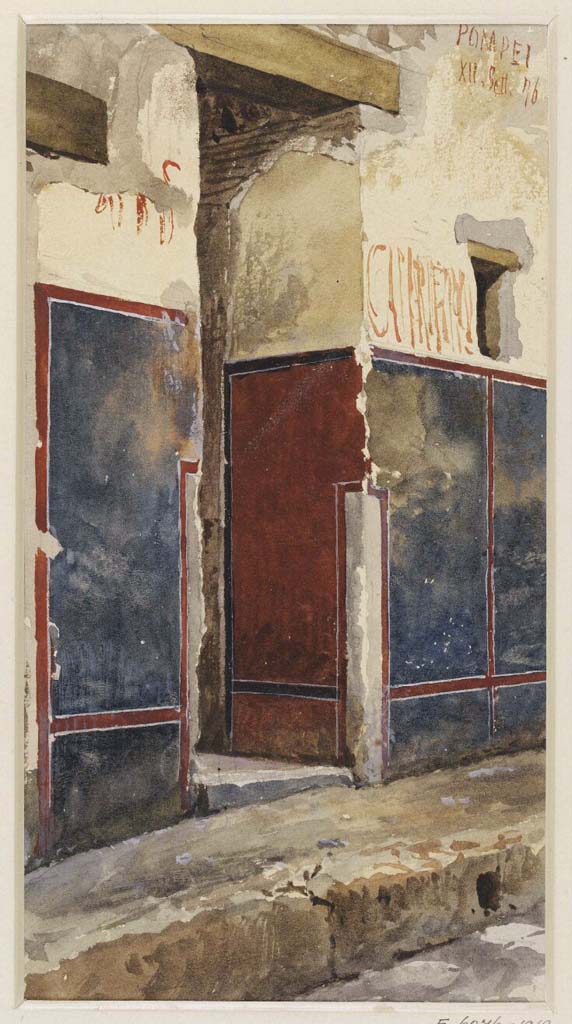 VII.15.1 Pompeii.
12th September 1876, watercolour by Luigi Bazzani of entrance doorway showing graffiti.
Photo © Victoria and Albert Museum. Inventory number E6276-1910
Photo courtesy of Davide Peluso.