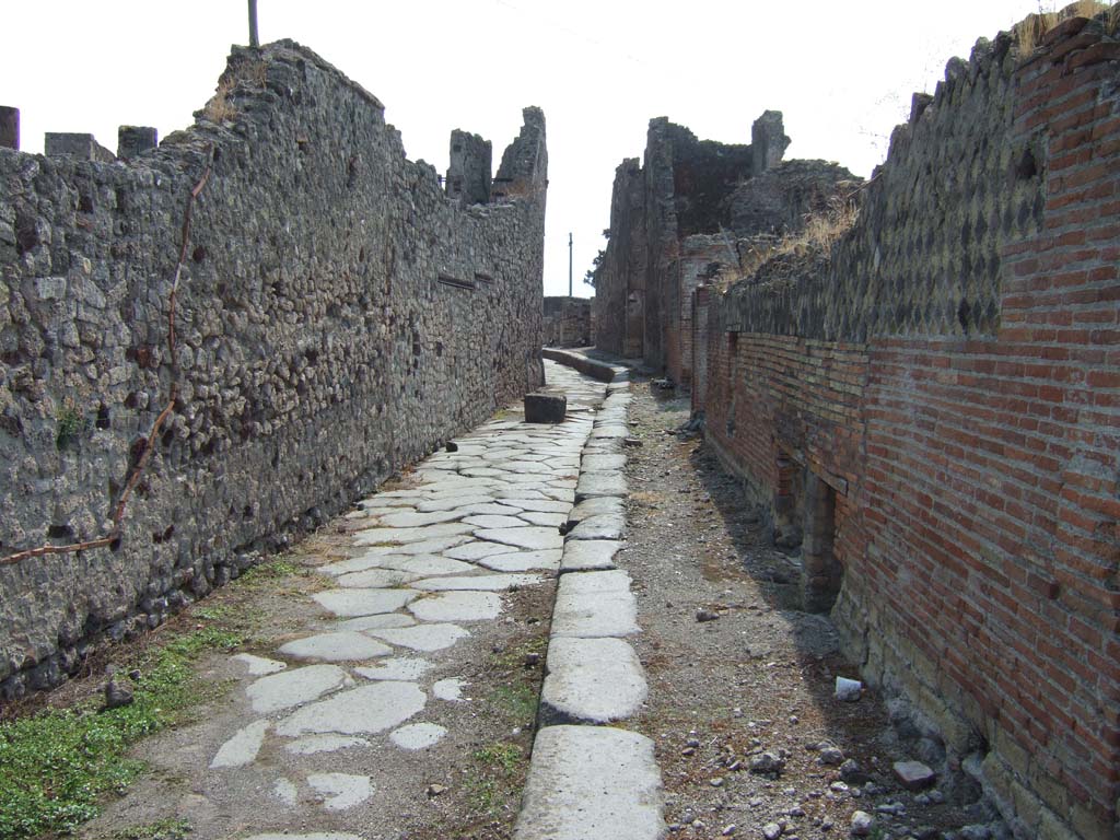 VII.15.1/2 Pompeii. September 2005. Garden wall on Via dei Soprastanti/Vicolo del Gigante, looking south. VII.16 on right.